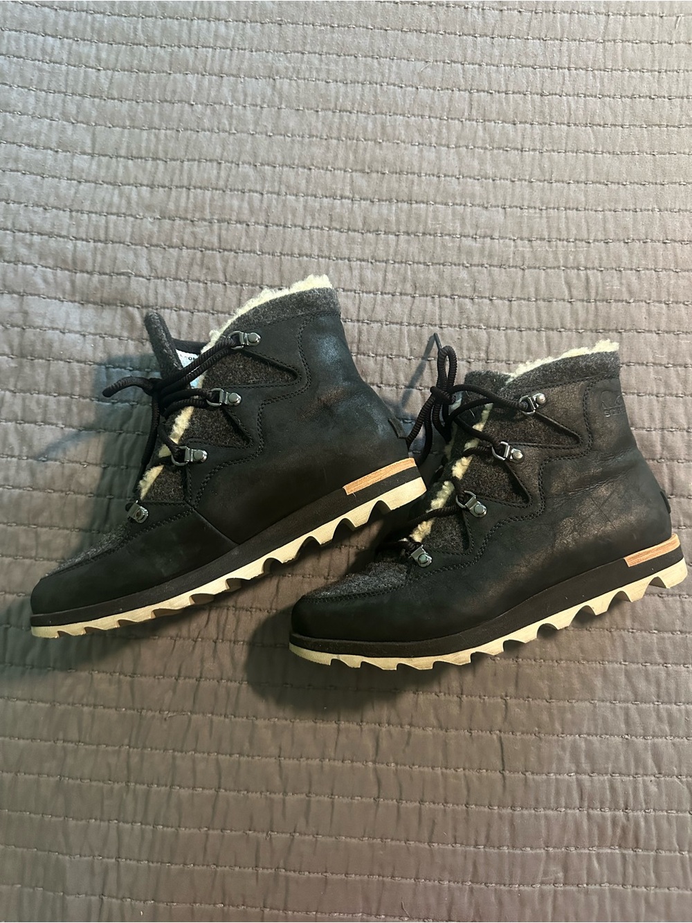 Sorel Black Leather Winter Ankle Boots with Shearling Collar
